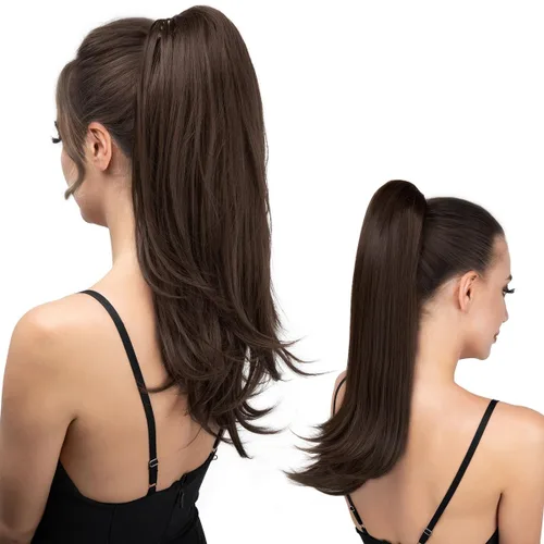 Vista 13 de Extensión de cola de caballo con clip, de 18 pulgadas, extensiones de cabello para mujer, cola de caballo larga y recta, cola de caballo rizada