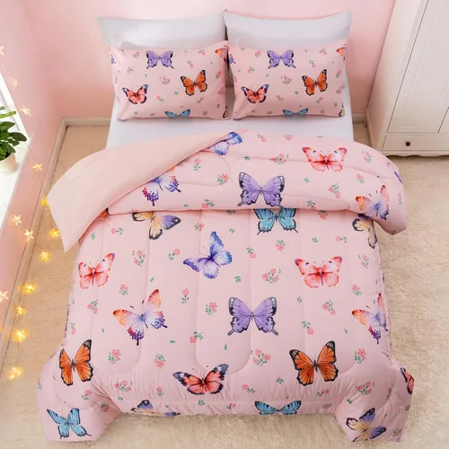Vista 2 de Btargot Juego de edredón de 3 piezas con diseño de mariposas para niños, juego de cama con estampado de flores coloridas para mujeres y niñas