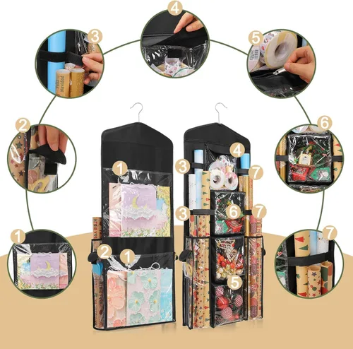 Vista 3 de EXLIFBAG Organizador de almacenamiento de papel de regalo, organizador de envoltorios de regalo con soporte de doble cara para colgar