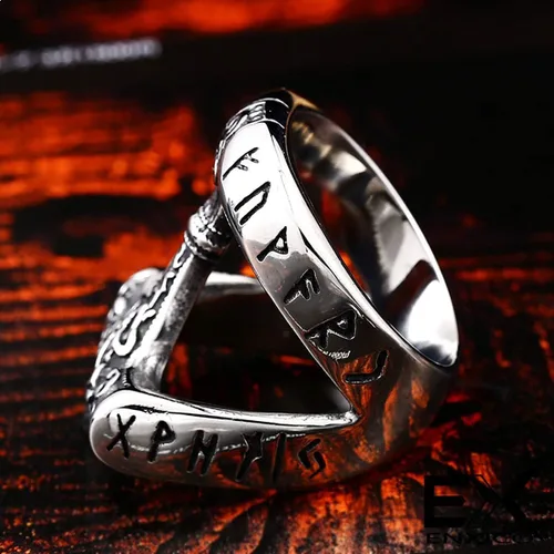 Vista 4 de Anillo de Mjolnir de martillo de Thor rúnico 316L de acero inoxidable nórdico escandinavo vikingo joyería
