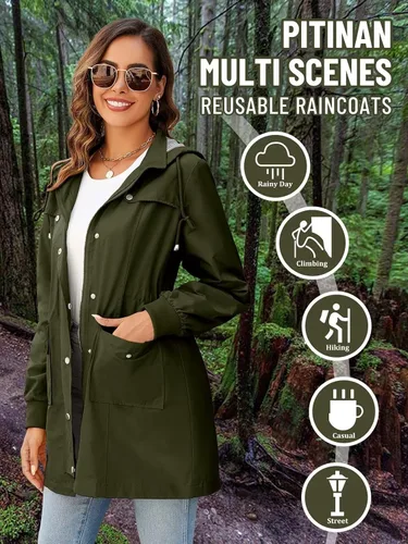 Vista 4 de PITINAN Chubasqueros para mujer, impermeables, con capucha, ligeros, cortavientos, gabardina para exteriores
