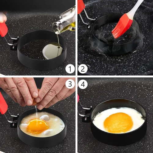Vista 7 de 6 anillos de huevo de 3.5 pulgadas con mango de silicona, molde redondo para panqueques con cepillo de aceite de silicona para freír huevos