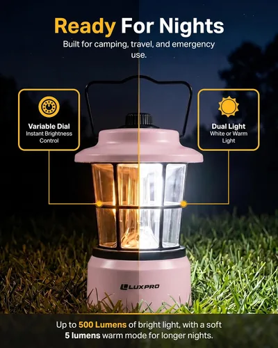 Vista 2 de LUXPRO LP1536 Linterna retro recargable de 500 lúmenes de doble potencia LED linterna de campamento (rosa, 1 paquete, recargable)