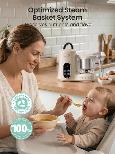 Vista 8 de Grownsy Fabricante de alimentos para bebés con cesta de vapor de acero Crema
