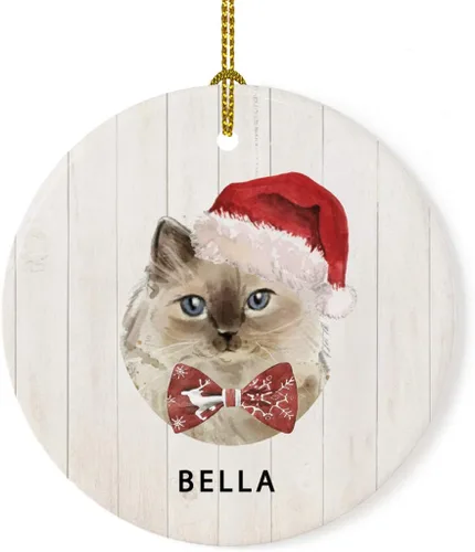 Vista 21 de Andaz Press Adorno redondo personalizado de cerámica para árbol de Navidad, abisinio, corona de acebo, sombrero de Papá Noel, con gráfico de gato