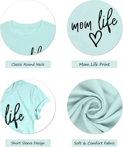 Vista 5 de Camisa Lotucy con letras impresas «Mom Life», «Tired Mom», «Blessed Mama», de manga corta, para mujer Verde-1
