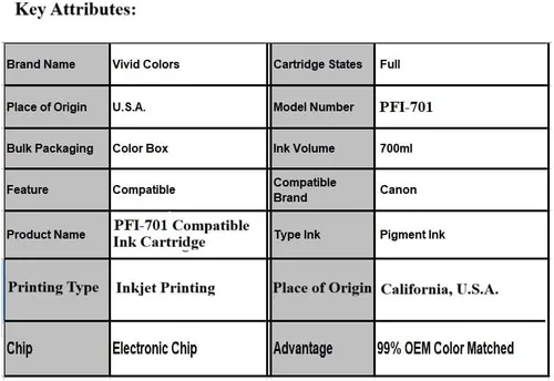 Vista 3 de Vivid Colors Cartucho de tinta compatible con PFI-701 para impresoras Canon PFI-701MBK (23.7 fl oz, negro mate) para impresoras iPF8000, iPF8000S
