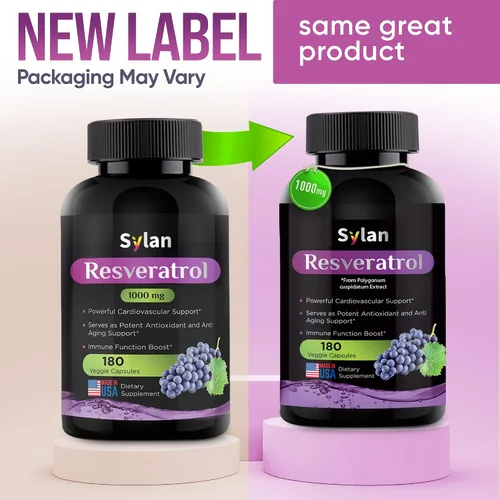 Vista 2 de SYLAN Suplemento de resveratrol trans, 1000 mg, 180 cápsulas vegetales, antioxidante, apoya el corazón, las articulaciones, el cerebro, la salud