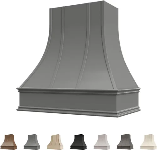 Vista 16 de Cubierta curvada para campana extractora de nogal americano con molduras decorativas, cubiertas de madera para campana extractora de pared, madera
