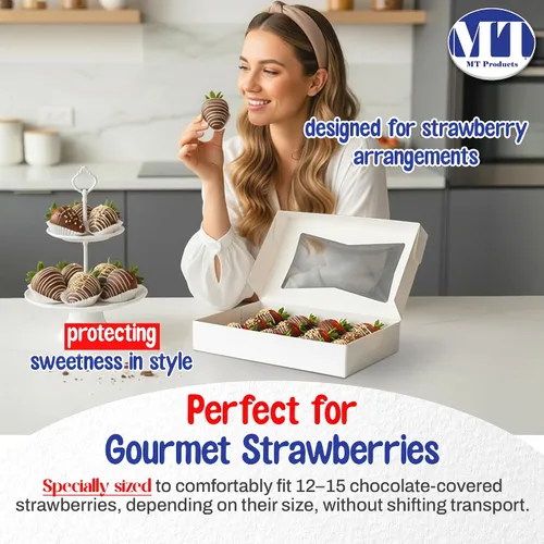 Vista 5 de MT Products 12" x 8" x 2.25" White Bakery Boxes with Window (5 Pack) - Auto Pop-Up Paperboard Treat Boxes for Chocolate Covered Strawberries