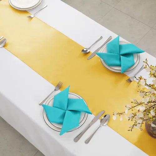 Vista 4 de Horbaunal Paquete de 12 Caminos de Mesa de Satén Amarillo Dorado de 12 x 108 Pulgadas, Caminos de Mesa Suaves para Bodas, Banquetes, Fiestas