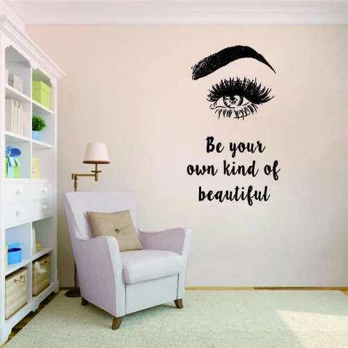 Vista 8 de Calcomanía de pared de pestañas y maquillaje, con texto en inglés «Be Your Own Kind of Beautiful Quote», adhesivo de vinilo extraíble para salón