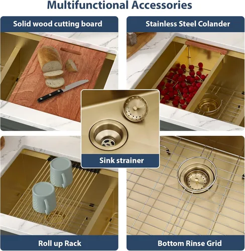 Vista 5 de Lordear 33 Inch Matte Gold Double Bowl Kitchen Sinks Gold-Workstation