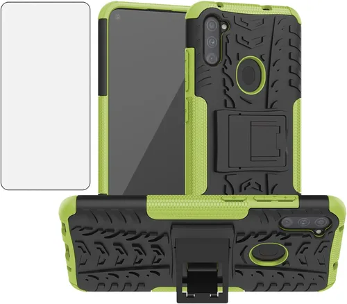 Vista 9 de Funda para teléfono Samsung Galaxy A11 con protector de pantalla de vidrio templado y soporte, resistente, accesorios de protección híbrida rígida