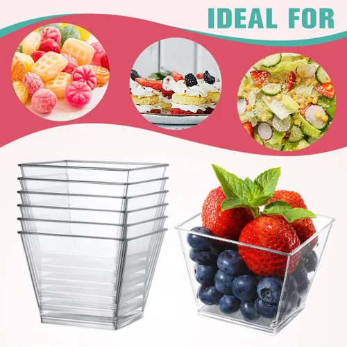 Vista 3 de Vasos de postre de plástico de 3.8 onzas con cucharas, paquete de 50 unidades, mini tazas de postre cuadradas transparentes para aperitivos, tazas