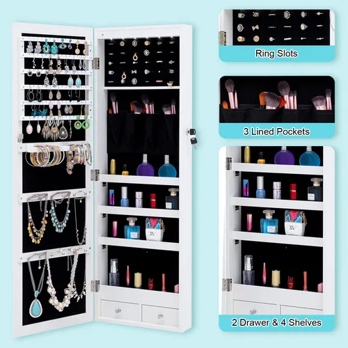 Vista 4 de HomVent Armario de joyería con espejo de 6 LED, espejo con almacenamiento de joyas, organizador de armario de joyería con cerradura, armario