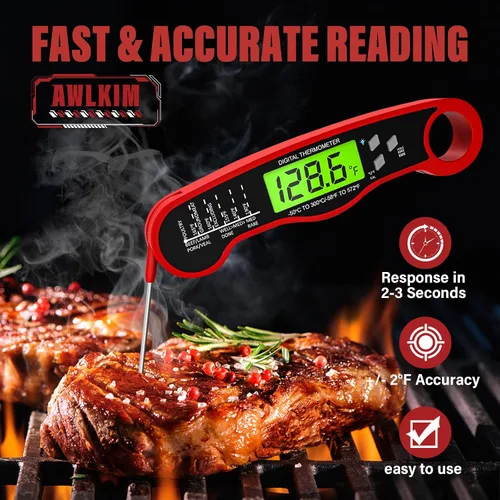 Vista 2 de AWLKIM Termómetro Digital de Carne para Cocinar - Termómetro de Cocina Impermeable IP67 con Retroiluminación y Función de Retención, Termómetro
