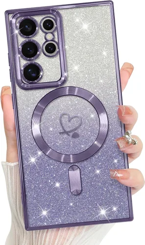 Vista 91 de Bonoma - Funda compatible con Samsung Galaxy S21 Plus, diseño de corazón con purpurina, color rosa Support for MagSafe, Plating Magnetic Case TPU