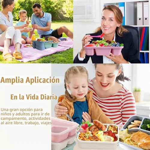 Vista 5 de Caja Bento de 15 piezas, juego de 4 compartimentos para adultos, lonchera Bento de paja de trigo, caja de almuerzo reutilizable, para microondas