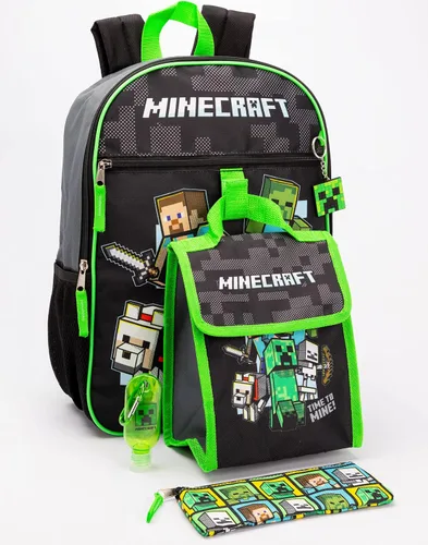 Vista 4 de Minecraft Mochila para niños de 5 piezas Creeper Zombie School Lunch Bag Gamer, Negro