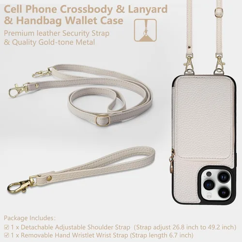 Vista 6 de Funda compatible con iPhone 15 Pro Max de 6.7 pulgadas, cremallera cruzada con ranuras para tarjetas de bloqueo RFID, soporte, cordón y correa