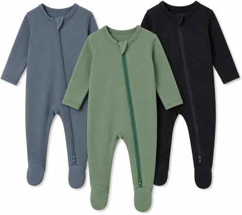 Vista 8 de Pijamas de bebé para niño con pies y puños, hechos de rayón de bambú, con cierre de dos vías y manga larga Celadon-aqua Green-pail Lila