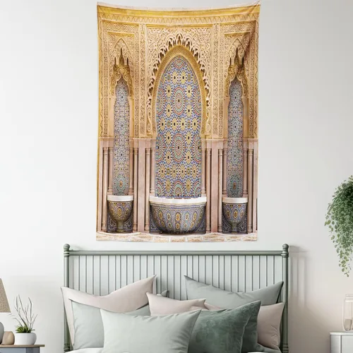 Vista 5 de Ambesonne Tapiz marroquí, típica fuente marroquí de azulejos en la ciudad de Rabat cerca de la torre Hassan, decoración de tela para colgar