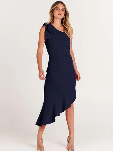 Vista 5 de ANRABESS Vestido formal midi de un hombro para mujer, sin mangas, ajustado, con volantes, vestido de sirena para invitada de boda