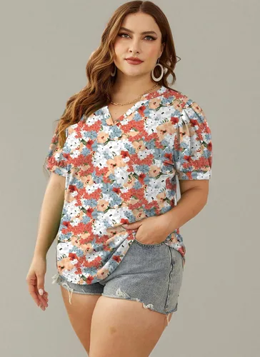 Vista 7 de OFEEFAN Blusas plisadas de manga abombada para mujer, cuello en V, holgadas, dobladillo curvado, blusas elegantes, informales, S-3XL