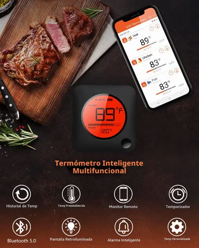 Vista 3 de BFOUR Termómetro de carne inalámbrico Bluetooth, termómetro digital LCD para carne con doble sonda, termómetro remoto inalámbrico para ahumador