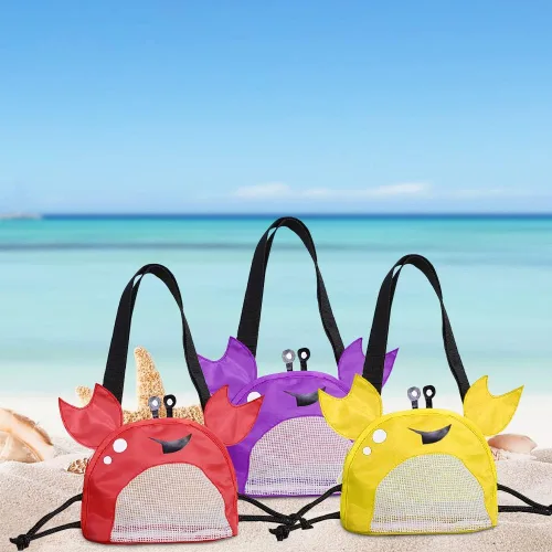 Vista 5 de Bolsa de malla de cangrejo para playa, bolsas de recolección de conchas de playa, juguetes de conchas de playa, correa ajustable para el hombro