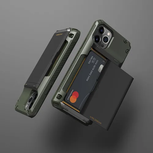 Vista 7 de VRS Design Damda Glide Pro funda compatible con iPhone 12/12 Pro, con espacio para 4 tarjetas, prémium, resistente, tarjetero semiautomático Verde