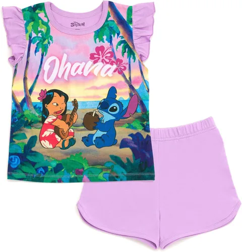 Vista 5 de Disney Minnie Mouse Lilo & Stitch Little Mermaid Ariel - Conjunto de camiseta floral y pantalones cortos de rizo francés, para bebés y niños grandes