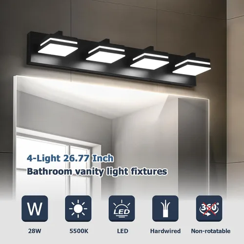 Vista 7 de Joossnwell Luz de Tocador de Baño (4 Luces, 26.77 Pulgadas) Luminarias de Baño Negras Sobre Espejo LED Iluminación Moderna de Tocador Luces de Baño