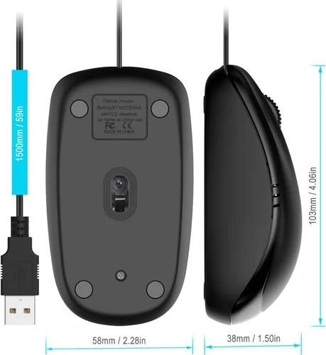 Vista 4 de JETech - Mouse óptico con cable con terminal USB y 3 botones (en color negro) - 0776