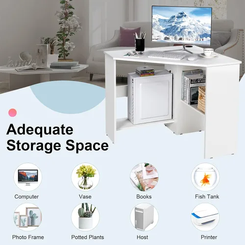 Vista 6 de Augester - Escritorio esquinero moderno, mesa de computadora triangular de 90 grados con estantes, agujero para cable, escritorio esquinero que