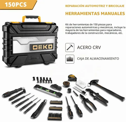 Vista 7 de DEKOPRO Juego de herramientas de 150 piezas, kit de herramientas manuales para el hogar, kit de herramientas de reparación del hogar con caja