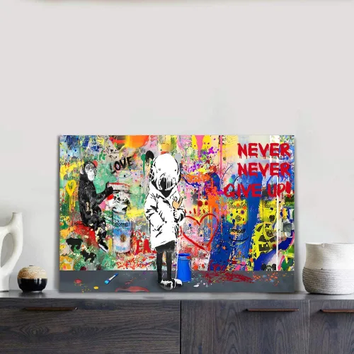 Vista 2 de Arte de pared de graffiti colorido póster impreso en lienzo creativo y moderno, pintura de graffiti de niña nunca te rindas, imágenes inspiradoras