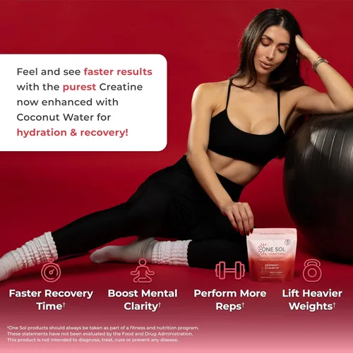 Vista 5 de One Sol Creatina para mujeres, polvo de creatina natural para mujer con creatina pura y agua de coco, aumenta la masa muscular magra, reduce