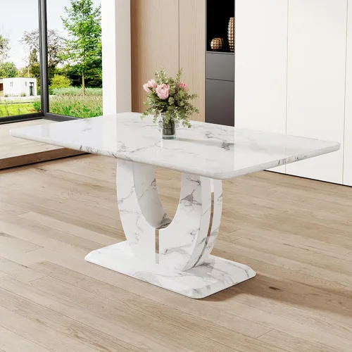 Vista 17 de JUFU Mesa de comedor de mármol sintético de 63 pulgadas para 4-6 personas, moderna mesa rectangular de cocina y comedor, mesa de MDF de aspecto