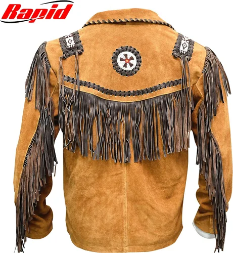 Vista 2 de Chaqueta de cuero vaquero occidental para hombre con flecos de ante nativo americano con cuentas de cuero tradicional - marrón tostado