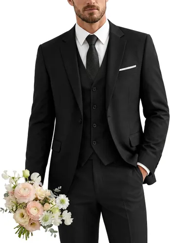 Vista 25 de Traje de 3 piezas para hombre con corbata, chaleco sólido de un botón y beige (529-beige)