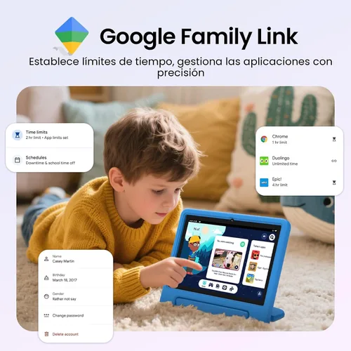 Vista 7 de ApoloSignage 2025 Tablet Android 15 para niños, pantalla HD de 10 pulgadas, procesador Octa-Core, 8 GB RAM, 64 GB ROM (expandible a 1 TB), con Azul
