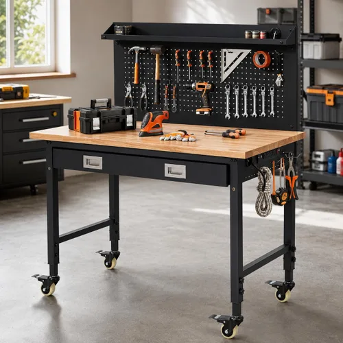 Vista 11 de Banco de trabajo ajustable resistente de 48 x 24 x 1.2 pulgadas con parte superior de madera de goma, almacenamiento de cajones, tira