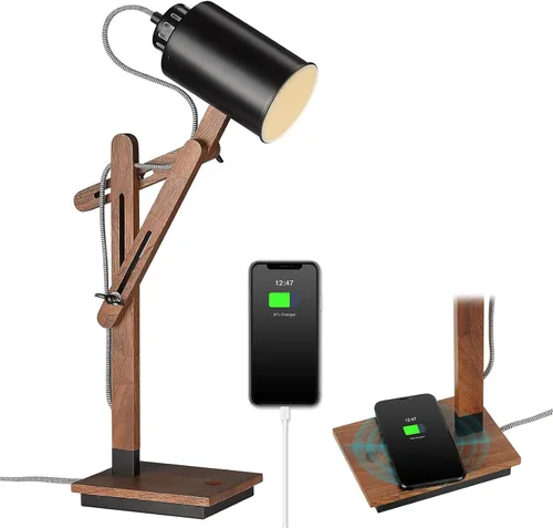 Vista 11 de Lámpara de escritorio ELYONA de madera Sapele con cargador inalámbrico mejorado, lámpara de mesa de brazo oscilante con puerto de carga USB C, luz