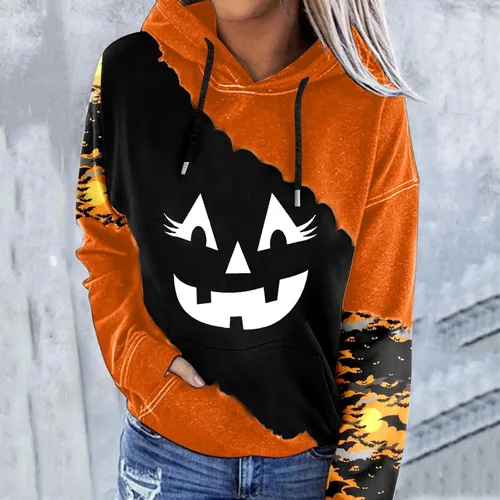 Vista 2 de Sudaderas con capucha de Halloween para mujer 2023 otoño, lindas sudaderas de gran tamaño con estampado de cara de calabaza con bolsillo