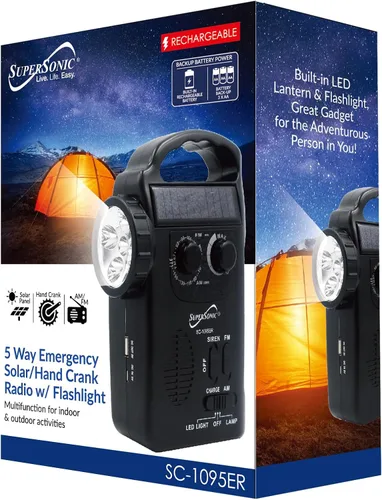 Vista 8 de Supersonic SC-1095ER Radio de emergencia solar/manivela con linterna, 3 fuentes de alimentación, linterna de emergencia, altavoz, radio AM/FM, panel