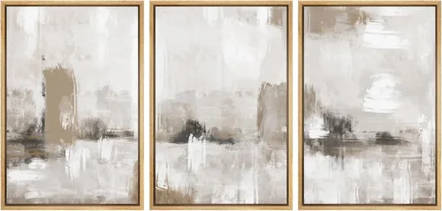 Vista 304 de SIGNFORD - Set de obras de arte en lienzo enmarcado para pared, ilustraciones abstractas de neblina del desierto en tonos neutros beige y marrón