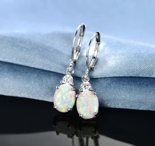 Vista 4 de GEMSME - Aretes colgantes de ópalo de lágrima chapados en oro blanco para mujer, Oro blanco