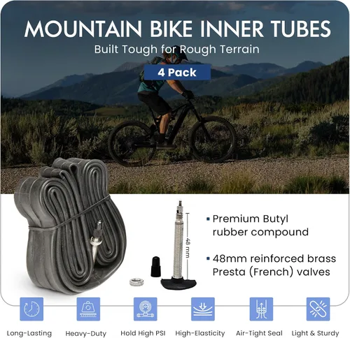 Vista 2 de VeloTubes Tubos interiores para bicicleta de montaña, paquete de 4 unidades, selecciona tu tamaño (26", 27.5", 29"), válvula Presta, tubos